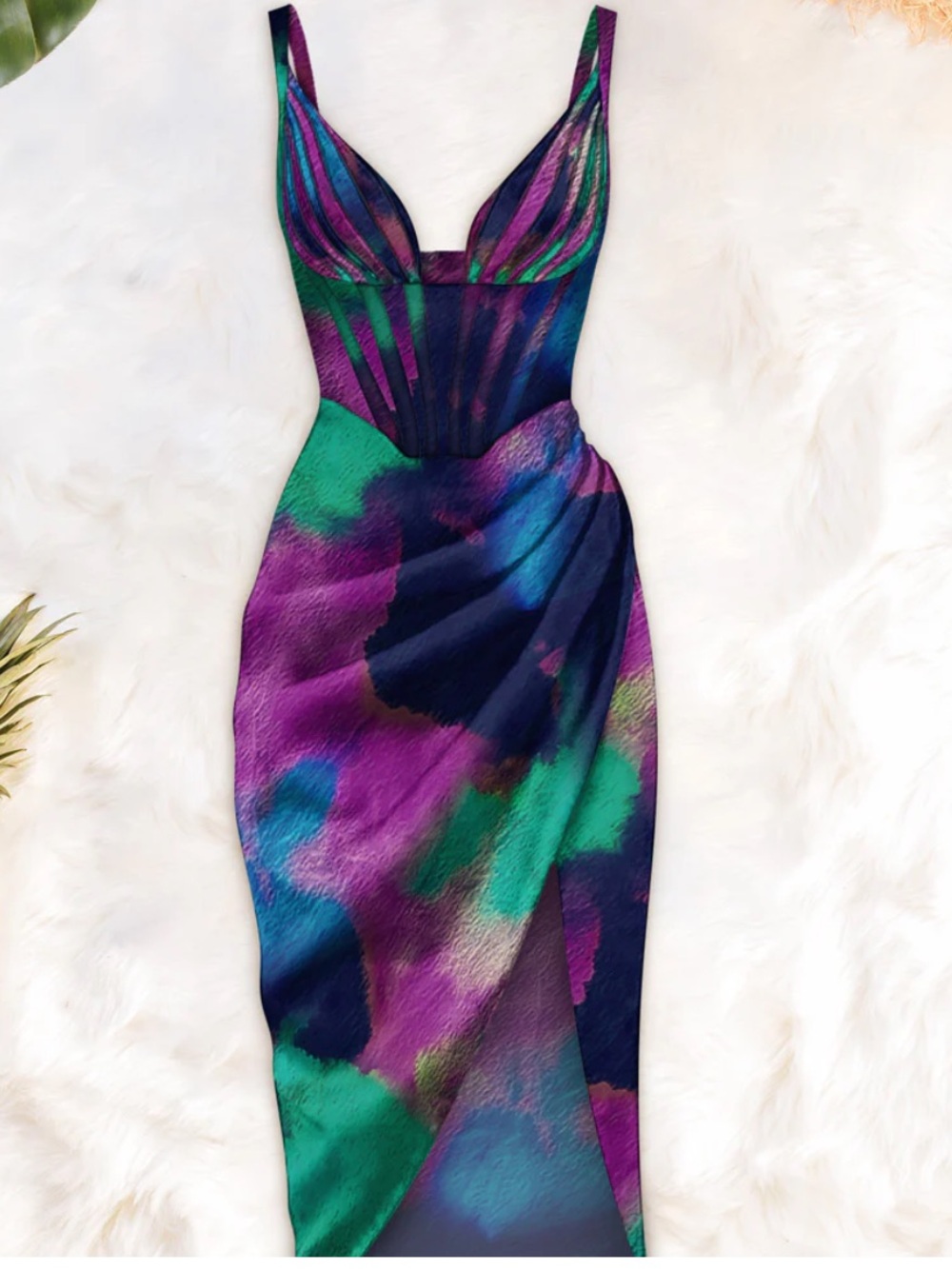 Averie Bustier V-Neck Midi Dress in Jewel-Tone Abstract Print Medium